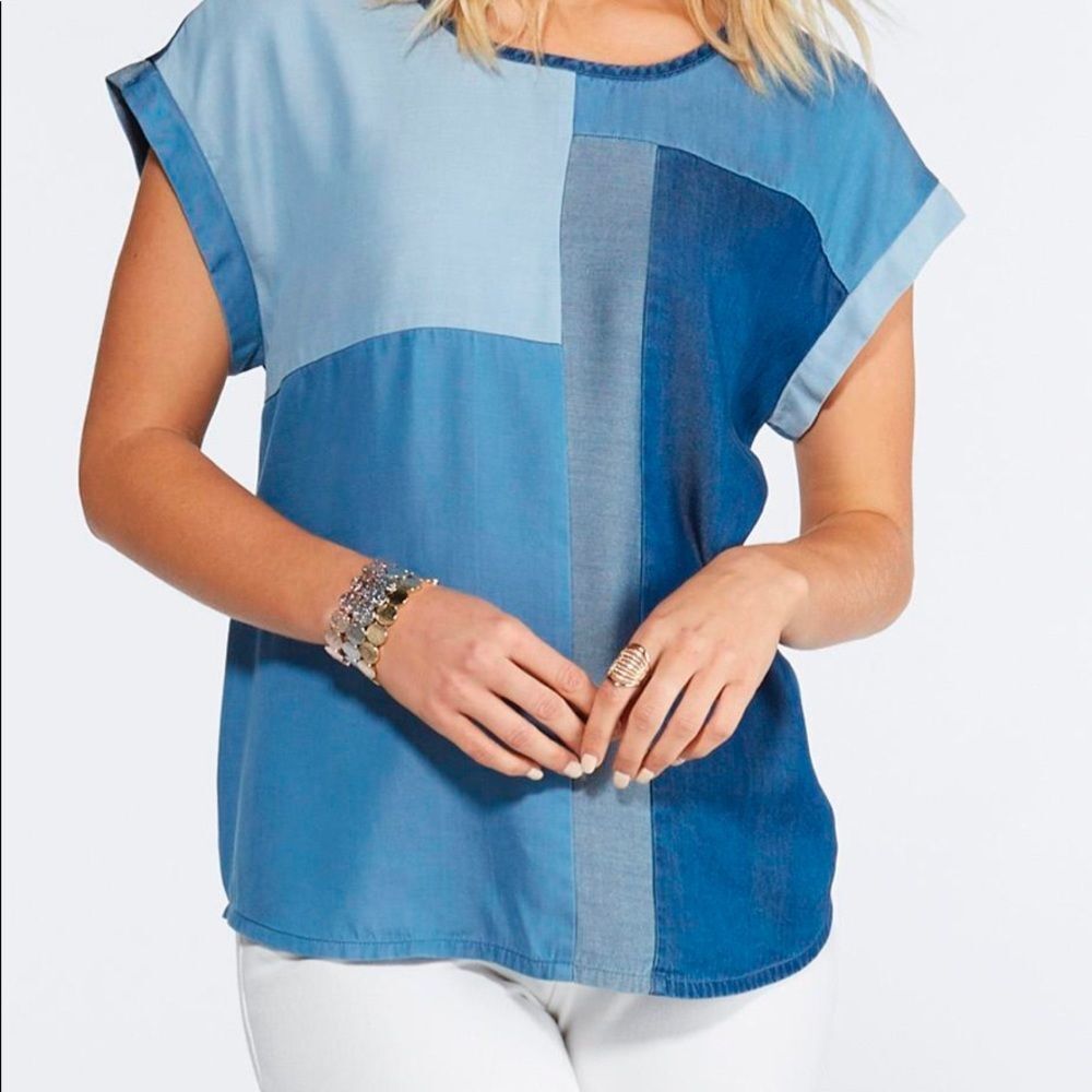 Women’s Cato Retro Patchwork Chambray Denim Top • Size 22/24w • Shades of Blue
